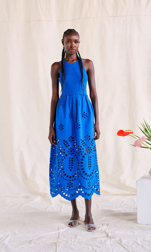 cerulean blue dress queen DRESSX / More Dash Inc. dba DRESSX OR Model is 58 and wearing size XS Andie Italian Linen V-Neck maxi